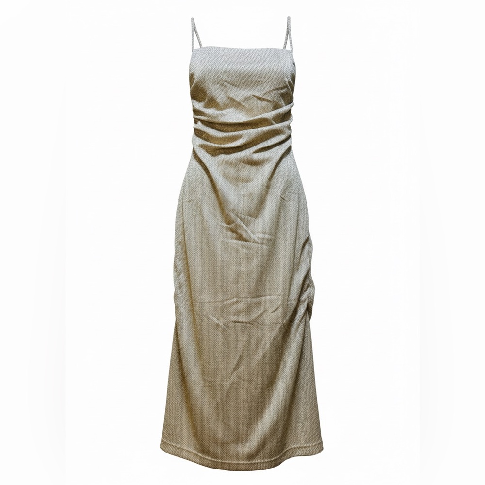 Reoria Gold Metallic Midi long Dress Ruched Bodycon Sheer Hem women’s Size Small